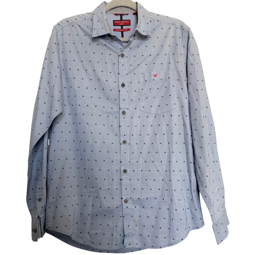 Wills Lifestyle Sport Men’s Blue Pattern Button Down Shirt Slim Fit 15.25